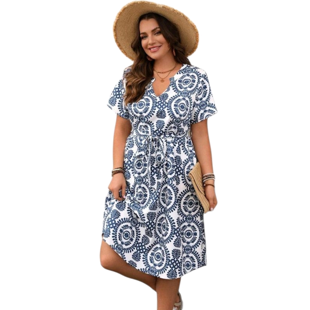 SHEIN Blue and White Mini Dress With Short Sleeves And A Notched V Neck Collar